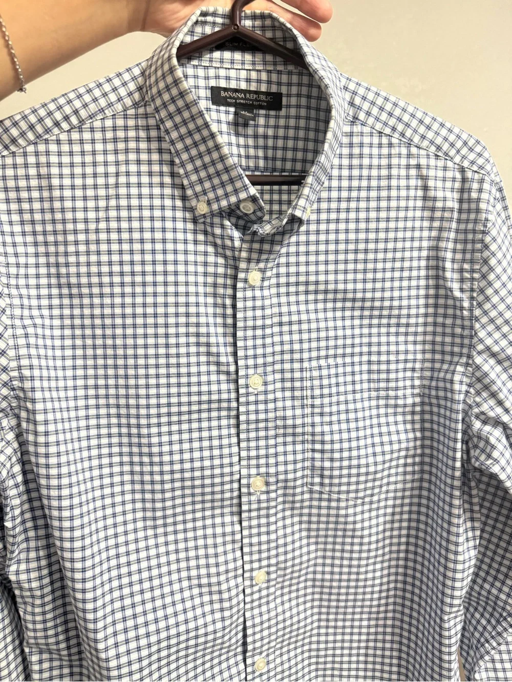 Banana Republic Men's White and Blue Check Button-Down Shirt